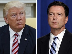 In this combination photo, President Donald Trump, left, appears in the Oval Office of the White House in Washington on May 10, 2017, and FBI Director James Comey appears at a news conference in Washington on June 30, 2014. (Evan Vucci/Susan Walsh/AP Photos/Files)