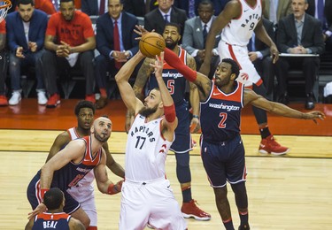 Toronto Raptors Jonas Valanciunas during Eastern Conference Playoff Game 1 first half action against Washington Wizards at the Air Canada in Toronto, Ont. on Saturday April 14, 2018. Ernest Doroszuk/Toronto Sun/Postmedia Network