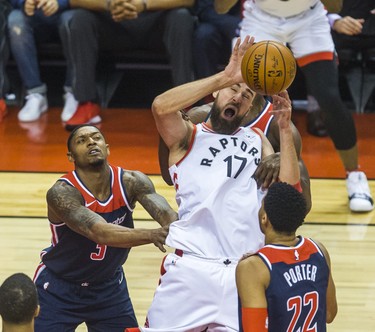 Toronto Raptors Jonas Valanciunas during Eastern Conference Playoff Game 1 first half action against Washington Wizards at the Air Canada in Toronto, Ont. on Saturday April 14, 2018. Ernest Doroszuk/Toronto Sun/Postmedia Network