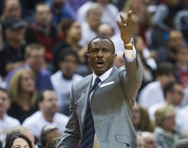 Toronto Raptors head coach Dwane Casey during Eastern Conference Playoff Game 1 first half action against Washington Wizards at the Air Canada in Toronto, Ont. on Saturday April 14, 2018. Ernest Doroszuk/Toronto Sun/Postmedia Network