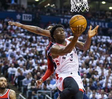 Toronto Raptors OG Anunoby during Eastern Conference Playoff Game 1 first half action against Washington Wizards John Wall at the Air Canada in Toronto, Ont. on Saturday April 14, 2018. Ernest Doroszuk/Toronto Sun/Postmedia Network