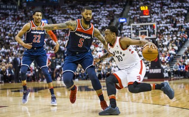 Toronto Raptors DeMar DeRozan during Eastern Conference Playoff Game 1 first half action against Washington Wizards Markieff Morris at the Air Canada in Toronto, Ont. on Saturday April 14, 2018. Ernest Doroszuk/Toronto Sun/Postmedia Network