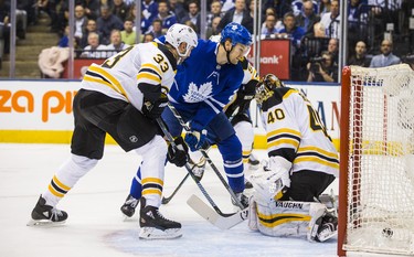 Toronto Maple Leafs James van Riemsdyk watches the puck go into the net during first period Round 1 Game 3 action against Boston Bruins Zdeno Chara and goalie Tuukka Rask at the Air Canada Centre in Toronto, Ont. on Monday April 16, 2018. Ernest Doroszuk/Toronto Sun/Postmedia Network