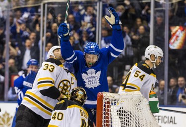 Toronto Maple Leafs James van Riemsdyk celebrates his first period Round 1 Game 3 goal against the Boston Bruins at the Air Canada Centre in Toronto, Ont. on Monday April 16, 2018. Ernest Doroszuk/Toronto Sun/Postmedia Network