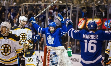 Toronto Maple Leafs James van Riemsdyk celebrates his first period Round 1 Game 3 goal against the Boston Bruins at the Air Canada Centre in Toronto, Ont. on Monday April 16, 2018. Ernest Doroszuk/Toronto Sun/Postmedia Network