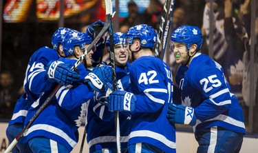 Toronto Maple Leafs celebrate a first period Round 1 Game 3 goal against the Boston Bruins at the Air Canada Centre in Toronto, Ont. on Monday April 16, 2018. Ernest Doroszuk/Toronto Sun/Postmedia Network