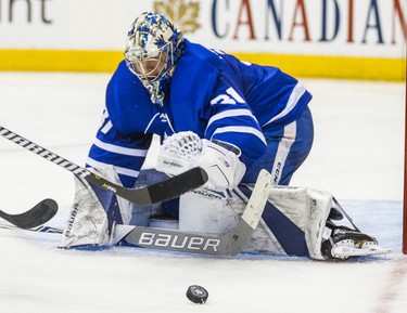 Toronto Maple Leafs goalie Frederik Andersen keep his eye on the puck during second period Round 1 Game 3 action against Boston Bruins at the Air Canada Centre in Toronto, Ont. on Monday April 16, 2018. Ernest Doroszuk/Toronto Sun/Postmedia Network