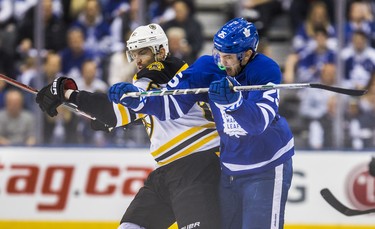 Toronto Maple Leafs James van Riemsdyk during second period Round 1 Game 3 action against Boston Bruins Rick Nash at the Air Canada Centre in Toronto, Ont. on Monday April 16, 2018. Ernest Doroszuk/Toronto Sun/Postmedia Network