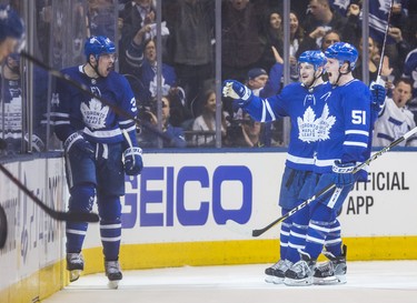 Toronto Maple Leafs celebrate a goal during second period Round 1 Game 3 action against Boston Bruins at the Air Canada Centre in Toronto, Ont. on Monday April 16, 2018. Ernest Doroszuk/Toronto Sun/Postmedia Network