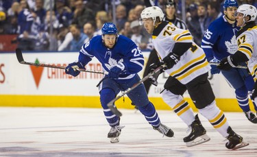 Toronto Maple Leafs Connor Brown during third period Round 1 Game 3 action against Boston Bruins Charlie McAvoy at the Air Canada Centre in Toronto, Ont. on Monday April 16, 2018. Ernest Doroszuk/Toronto Sun/Postmedia Network