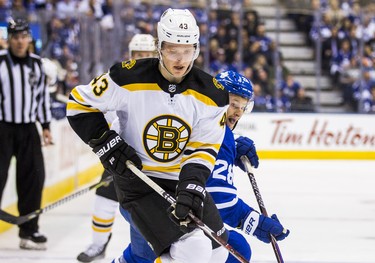 Toronto Maple Leafs Connor Brown during third period Round 1 Game 3 action against Boston Bruins Danton Heinen at the Air Canada Centre in Toronto, Ont. on Monday April 16, 2018. Ernest Doroszuk/Toronto Sun/Postmedia Network