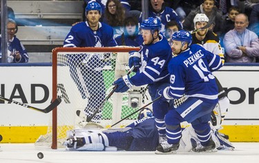 Toronto Maple Leafs Morgan Rielly and Tomas Plekanec during third period Round 1 Game 3 action against Boston Bruins at the Air Canada Centre in Toronto, Ont. on Monday April 16, 2018. Ernest Doroszuk/Toronto Sun/Postmedia Network