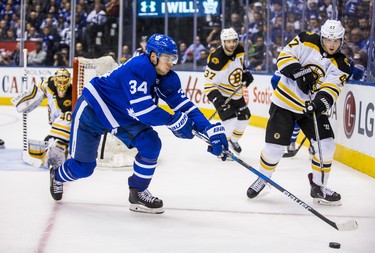 Toronto Maple Leafs Auston Matthews during third period Round 1 Game 3 action against Boston Bruins Torey Krugat the Air Canada Centre in Toronto, Ont. on Monday April 16, 2018. Ernest Doroszuk/Toronto Sun/Postmedia Network