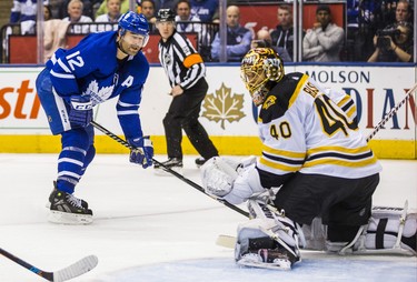 Toronto Maple Leafs Patrick Marleau goes in for a goal during third period Round 1 Game 3 action against past Boston Bruins goalie Tuukka Rask at the Air Canada Centre in Toronto, Ont. on Monday April 16, 2018. Ernest Doroszuk/Toronto Sun/Postmedia Network