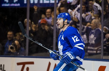 Toronto Maple Leafs Patrick Marleau celebrates a goal during third period Round 1 Game 3 action against Boston Bruins at the Air Canada Centre in Toronto, Ont. on Monday April 16, 2018. Ernest Doroszuk/Toronto Sun/Postmedia Network