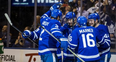 Toronto Maple Leafs Patrick Marleau (centre) celebrates his goal during third period Round 1 Game 3 action against Boston Bruins at the Air Canada Centre in Toronto, Ont. on Monday April 16, 2018. Ernest Doroszuk/Toronto Sun/Postmedia Network