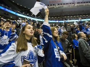 Leafs' fans cheer on the Toronto Maple Leafs during Round 1 Game 3 action against Boston Bruins at the Air Canada Centre in Toronto, Ont. on Monday April 16, 2018.