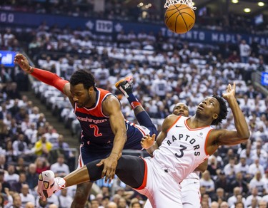 Toronto Raptors OG Anunoby during 1st half action against the Washington Wizards ohn Wall in Game 2 of the Eastern Conference - First Round at the Air Canada Centre in Toronto, Ont. on Tuesday April 17, 2018. Ernest Doroszuk/Toronto Sun/Postmedia Network