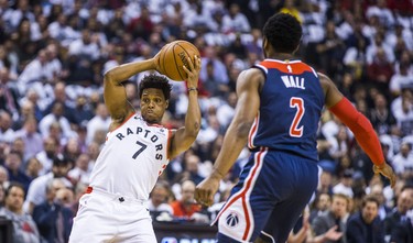 Toronto Raptors Kyle Lowry during 1st half action against the Washington Wizards John Wall in Game 2 of the Eastern Conference - First Round at the Air Canada Centre in Toronto, Ont. on Tuesday April 17, 2018. Ernest Doroszuk/Toronto Sun/Postmedia Network