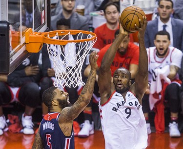 Toronto Raptors Serge Ibaka during 1st half action against the Washington Wizards Markieff Morris in Game 2 of the Eastern Conference - First Round at the Air Canada Centre in Toronto, Ont. on Tuesday April 17, 2018. Ernest Doroszuk/Toronto Sun/Postmedia Network