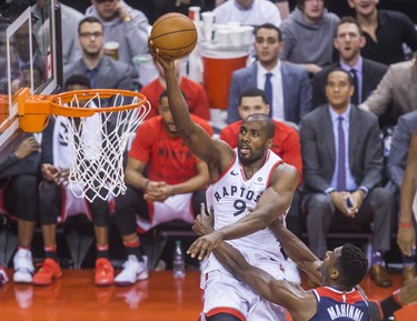 Toronto Raptors Serge Ibaka during 1st half action against the Washington Wizards Ian Mahinmi in Game 2 of the Eastern Conference - First Round at the Air Canada Centre in Toronto, Ont. on Tuesday April 17, 2018. Ernest Doroszuk/Toronto Sun/Postmedia Network