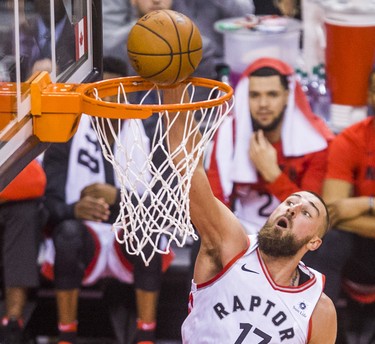 Toronto Raptors Jonas Valanciunas during 1st half action against the Washington Wizards in Game 2 of the Eastern Conference - First Round at the Air Canada Centre in Toronto, Ont. on Tuesday April 17, 2018. Ernest Doroszuk/Toronto Sun/Postmedia Network