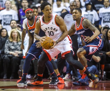 Toronto Raptors DeMar DeRozan during 2nd half action against the Washington Wizards in Game 2 of the Eastern Conference - First Round at the Air Canada Centre in Toronto, Ont. on Tuesday April 17, 2018. Ernest Doroszuk/Toronto Sun/Postmedia Network