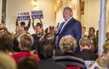 Ontario PC leader Doug Ford addresses supporters at a campaign rally at La Roya Banquet Hall in Ajax, Ont. on Wednesday April 18, 2018. Ernest Doroszuk/Toronto Sun/Postmedia Network