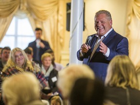 Ontario PC leader Doug Ford addresses supporters at a campaign rally at La Roya Banquet Hall in Ajax, Ont. on Wednesday April 18, 2018.