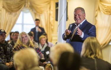 Ontario PC leader Doug Ford addresses supporters at a campaign rally at La Roya Banquet Hall in Ajax, Ont. on Wednesday April 18, 2018.