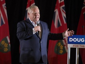 Ontario PC leader Doug Ford addresses supporters at a campaign rally at La Roya Banquet Hall in Ajax, Ont. on Wednesday April 18, 2018. Ernest Doroszuk/Toronto Sun