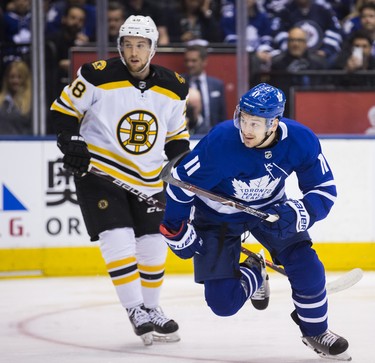 Toronto Maple Leafs Zach Hyman during first period Round 1 Game 4 playoff action against the Boston Bruins Matt Grzelcyk at the Air Canada Centre in Toronto, Ont. on Thursday April 19, 2018. Ernest Doroszuk/Toronto Sun/Postmedia Network