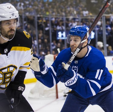 Toronto Maple Leafs Zach Hyman during first period Round 1 Game 4 playoff action against the Boston Bruins Adam McQuaid at the Air Canada Centre in Toronto, Ont. on Thursday April 19, 2018. Ernest Doroszuk/Toronto Sun/Postmedia Network