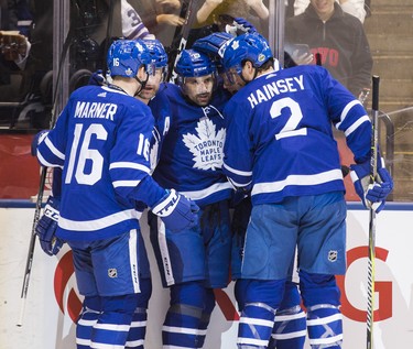Toronto Maple Leafs celebrate a goal by Tomas Plekanec (centre) during first period Round 1 Game 4 playoff action against the Boston Bruins at the Air Canada Centre in Toronto, Ont. on Thursday April 19, 2018. Ernest Doroszuk/Toronto Sun/Postmedia Network