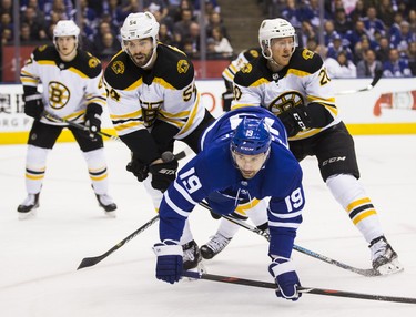 Toronto Maple Leafs Tomas Plekanec during first period Round 1 Game 4 playoff action against the Boston Bruins Riley Nash at the Air Canada Centre in Toronto, Ont. on Thursday April 19, 2018. Ernest Doroszuk/Toronto Sun/Postmedia Network