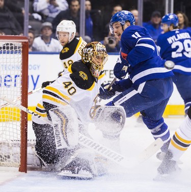 Toronto Maple Leafs Zach Hyman during first period Round 1 Game 4 playoff action against the Boston Bruins goalie Tuukka Rask at the Air Canada Centre in Toronto, Ont. on Thursday April 19, 2018. Ernest Doroszuk/Toronto Sun/Postmedia Network