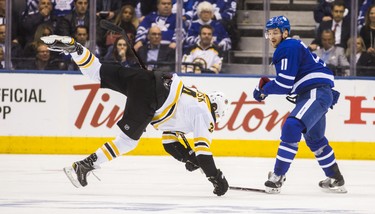 Toronto Maple Leafs Zach Hyman during second period Round 1 Game 4 playoff action against the Boston Bruins Jake DeBrusk at the Air Canada Centre in Toronto, Ont. on Thursday April 19, 2018. Ernest Doroszuk/Toronto Sun/Postmedia Network