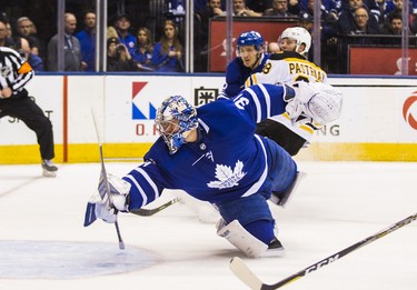 Toronto Maple Leafs goalie Frederik Andersen allows a goal during second period Round 1 Game 4 playoff action against the Boston Bruins at the Air Canada Centre in Toronto, Ont. on Thursday April 19, 2018. Ernest Doroszuk/Toronto Sun/Postmedia Network
