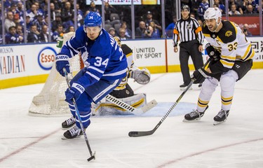 Toronto Maple Leafs Auston Matthews during third period playoff action in Round 1 Game 4 against the Boston Bruins   Zdeno Chara at the Air Canada Centre in Toronto, Ont. on Thursday April 19, 2018. Ernest Doroszuk/Toronto Sun/Postmedia Network