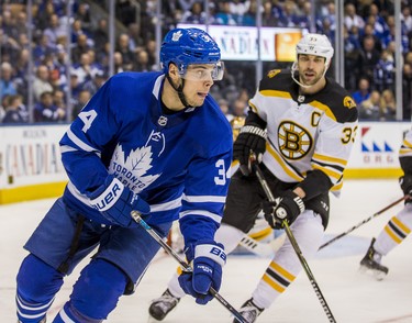 Toronto Maple Leafs Auston Matthews during third period playoff action in Round 1 Game 4 against the Boston Bruins   Zdeno Chara at the Air Canada Centre in Toronto, Ont. on Thursday April 19, 2018. Ernest Doroszuk/Toronto Sun/Postmedia Network