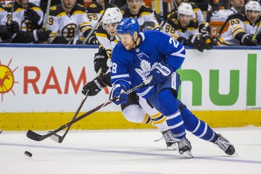 Toronto Maple Leafs Connor Brown during third period playoff action in Round 1 Game 4 against the Boston Bruins Jake DeBrusk at the Air Canada Centre in Toronto, Ont. on Thursday April 19, 2018. Ernest Doroszuk/Toronto Sun/Postmedia Network