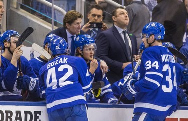 Toronto Maple Leafs head coach Mike Babcock during a time out with less than a minute remaining on the clock during third period playoff action in Round 1 Game 4 against the Boston Bruins at the Air Canada Centre in Toronto, Ont. on Thursday April 19, 2018. Ernest Doroszuk/Toronto Sun/Postmedia Network