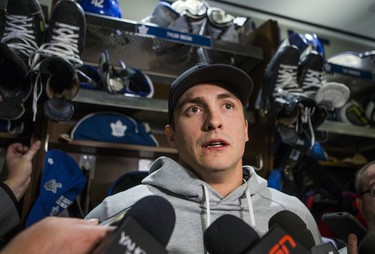 Toronto Maple Leafs Tyler Bozak speaks to media during the Leafs locker clean out at the Air Canada Centre in Toronto, Ont. on Friday April 27, 2018. Ernest Doroszuk/Toronto Sun/Postmedia Network