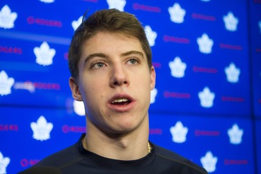 Toronto Maple Leafs Mitchell Marner speaks to media during the Leafs locker clean out at the Air Canada Centre in Toronto, Ont. on Friday April 27, 2018. Ernest Doroszuk/Toronto Sun/Postmedia Network