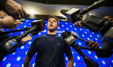 Toronto Maple Leafs Mitchell Marner speaks to media during the Leafs locker clean out at the Air Canada Centre in Toronto, Ont. on Friday April 27, 2018. Ernest Doroszuk/Toronto Sun/Postmedia Network