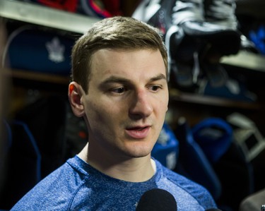 Toronto Maple Leafs Zach Hyman speaks to media during the Leafs locker clean out at the Air Canada Centre in Toronto, Ont. on Friday April 27, 2018. Ernest Doroszuk/Toronto Sun/Postmedia Network