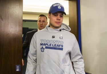 Toronto Maple Leafs Auston Matthews walks out to speak to media during the Leafs locker clean out at the Air Canada Centre in Toronto, Ont. on Friday April 27, 2018. Ernest Doroszuk/Toronto Sun/Postmedia Network