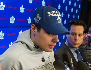 Toronto Maple Leafs Auston Matthews speaks to media during the Leafs locker clean out at the Air Canada Centre in Toronto, Ont. on Friday April 27, 2018. Ernest Doroszuk/Toronto Sun/Postmedia Network