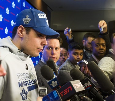 Toronto Maple Leafs Auston Matthews speaks to media during the Leafs locker clean out at the Air Canada Centre in Toronto, Ont. on Friday April 27, 2018. Ernest Doroszuk/Toronto Sun/Postmedia Network