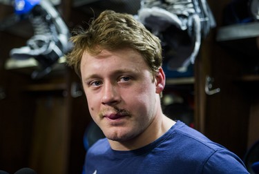 Toronto Maple Leafs Morgan Rielly speaks to media during the Leafs locker clean out at the Air Canada Centre in Toronto, Ont. on Friday April 27, 2018. Ernest Doroszuk/Toronto Sun/Postmedia Network